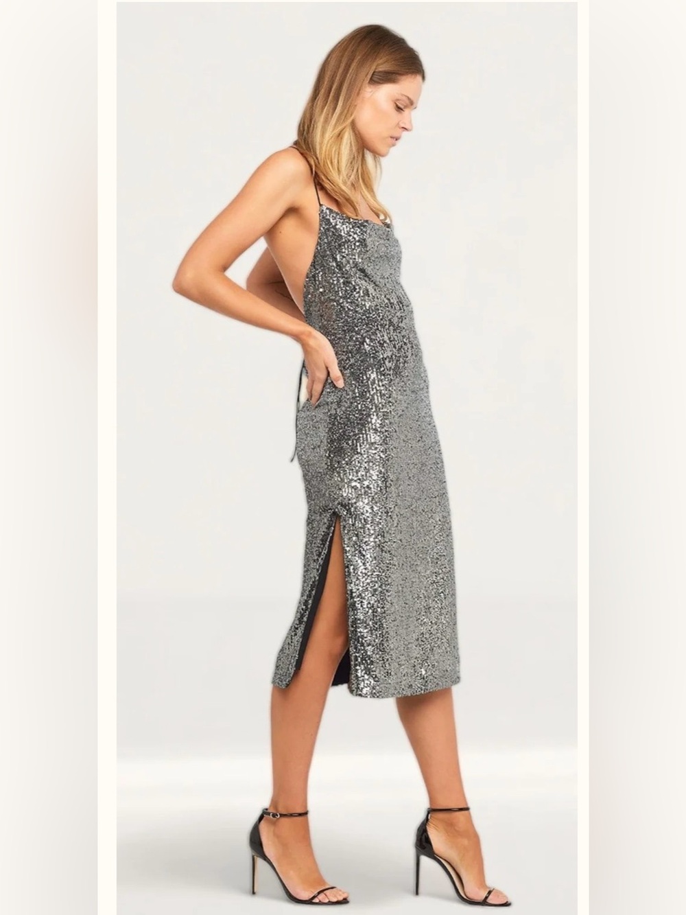 Bardot Silver Sequin Slip Midi Dress - Elegant Party Dress Size Medium
